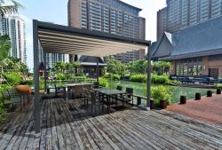 View of empty outdoor cafe